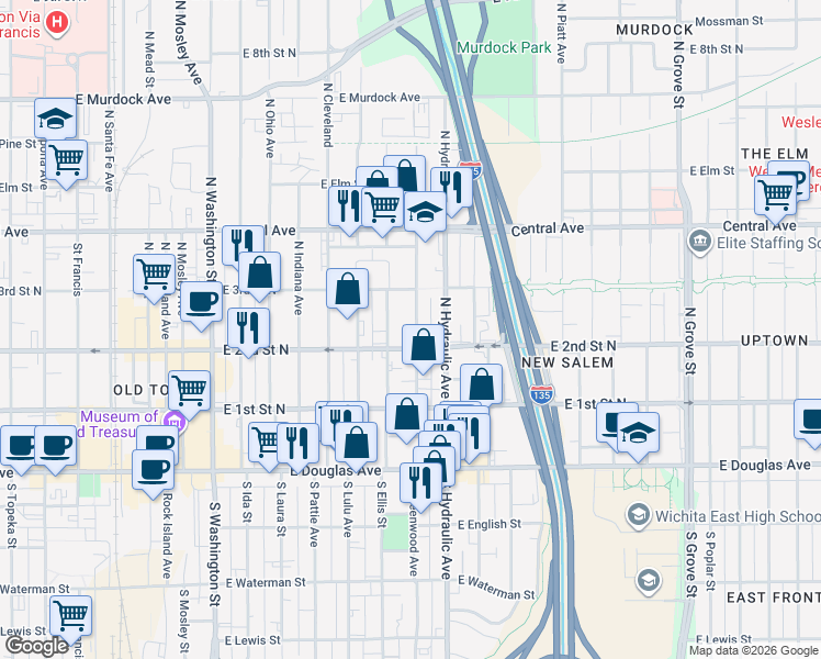 map of restaurants, bars, coffee shops, grocery stores, and more near 317 North Pennsylvania Avenue in Wichita