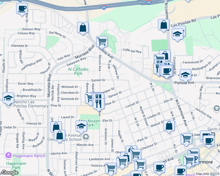 map of restaurants, bars, coffee shops, grocery stores, and more near 1516 Juniper Street in Livermore