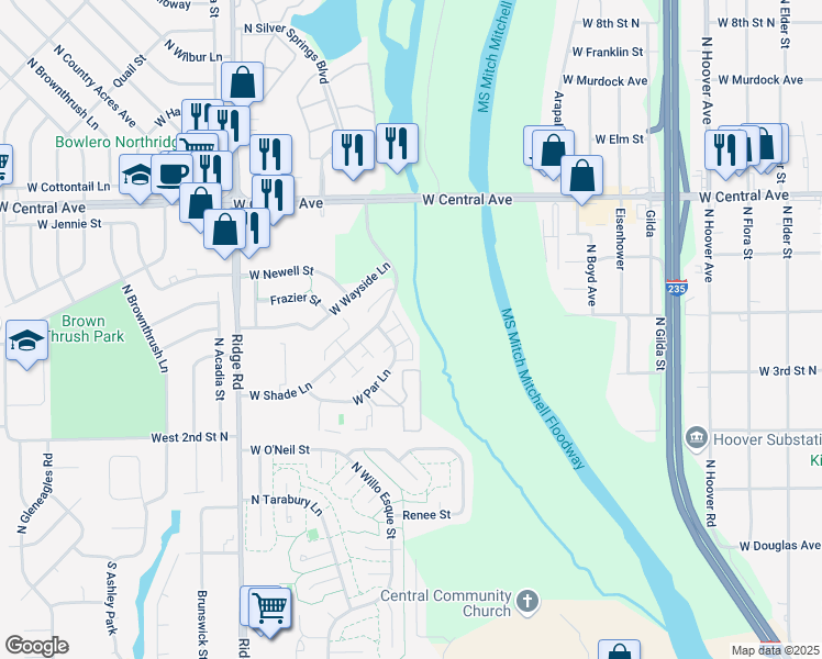 map of restaurants, bars, coffee shops, grocery stores, and more near 6725 West Shade Lane in Wichita