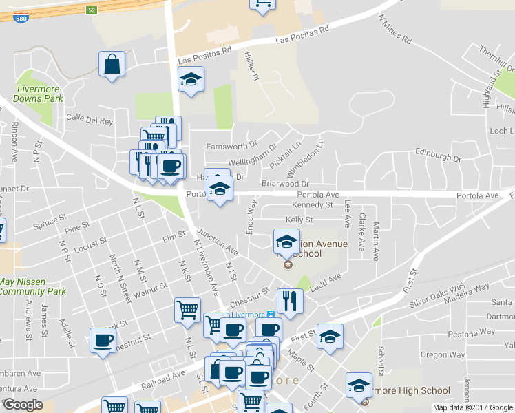 map of restaurants, bars, coffee shops, grocery stores, and more near 2628 Kennedy Street in Livermore
