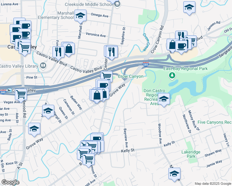 map of restaurants, bars, coffee shops, grocery stores, and more near 3057 Grove Way in Castro Valley