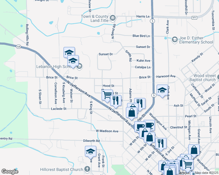 map of restaurants, bars, coffee shops, grocery stores, and more near 510 Hood Street in Lebanon