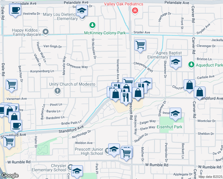 map of restaurants, bars, coffee shops, grocery stores, and more near 3561 Veneman Avenue in Modesto