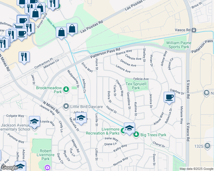 map of restaurants, bars, coffee shops, grocery stores, and more near 591 Debra Street in Livermore