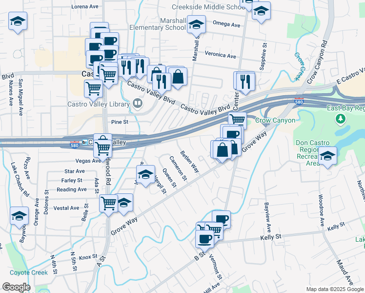 map of restaurants, bars, coffee shops, grocery stores, and more near 21906 Betlen Way in Castro Valley