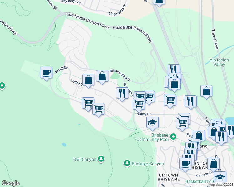map of restaurants, bars, coffee shops, grocery stores, and more near 430 Valley Drive in Brisbane