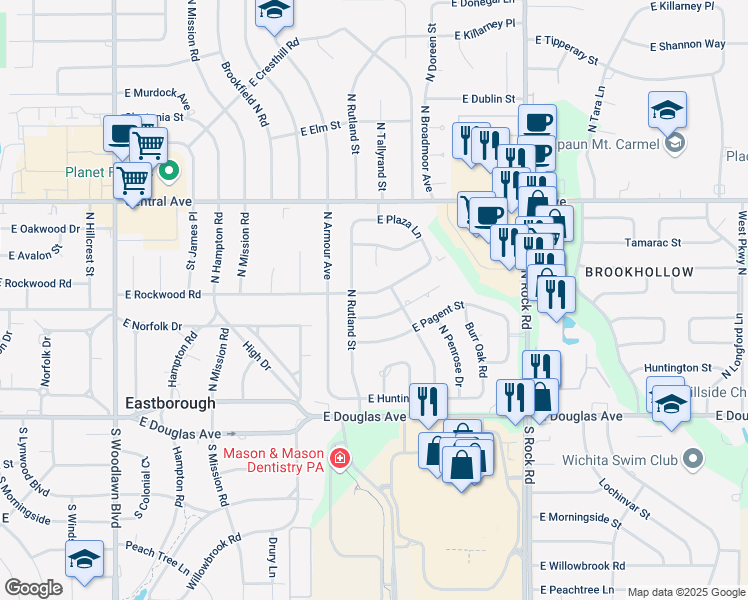 map of restaurants, bars, coffee shops, grocery stores, and more near 7333 East Rockwood Road in Wichita
