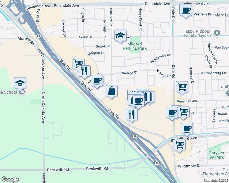 map of restaurants, bars, coffee shops, grocery stores, and more near 3400 Sullivan Court in Modesto