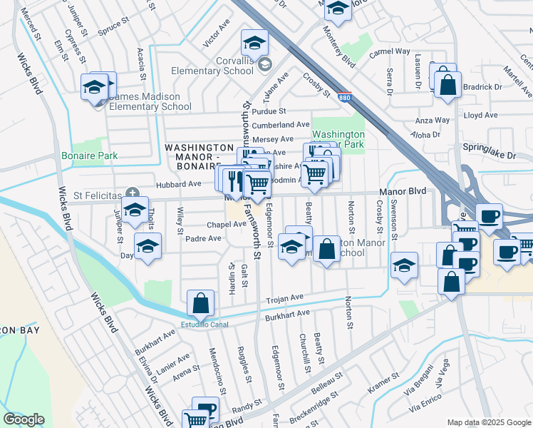 map of restaurants, bars, coffee shops, grocery stores, and more near 15035 Edgemoor Street in San Leandro