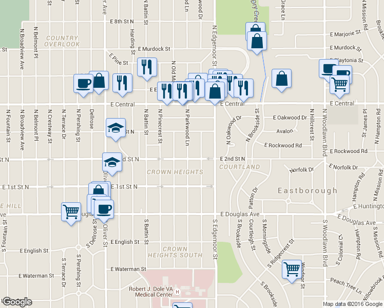 map of restaurants, bars, coffee shops, grocery stores, and more near 308 North Parkwood Lane in Wichita