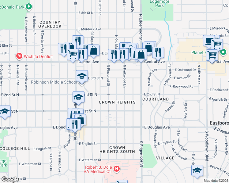 map of restaurants, bars, coffee shops, grocery stores, and more near 309 North Old Manor Road in Wichita
