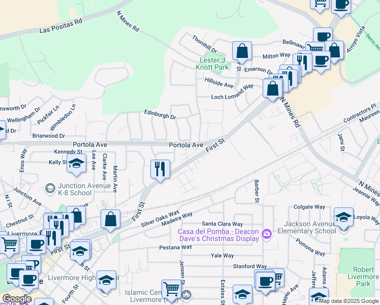 map of restaurants, bars, coffee shops, grocery stores, and more near 3971 Portola Common in Livermore