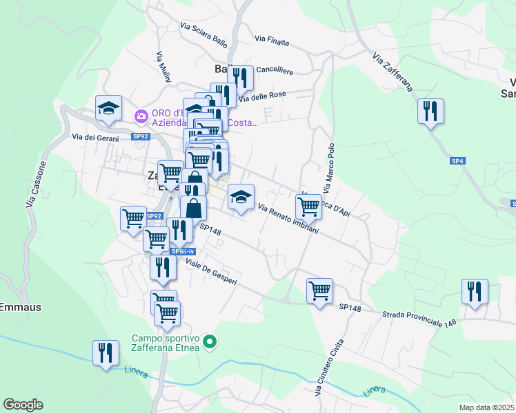 map of restaurants, bars, coffee shops, grocery stores, and more near 82 Via Renato Imbriani in Zafferana Etnea