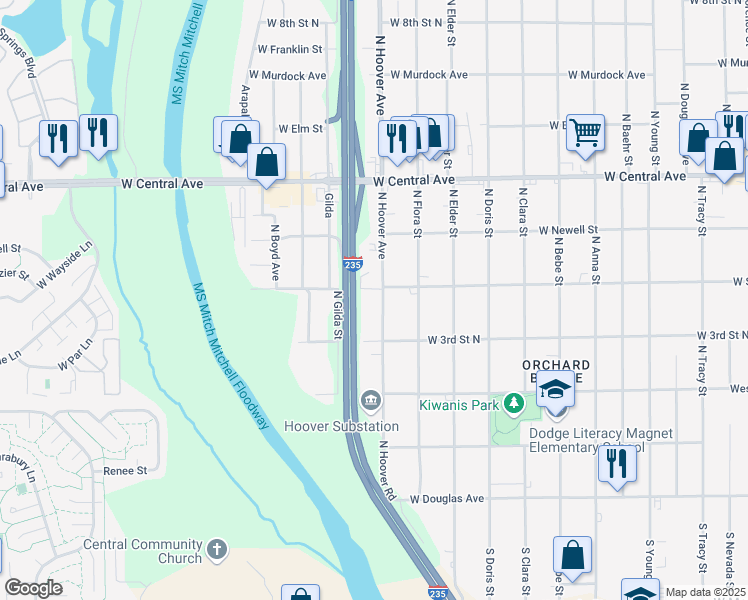 map of restaurants, bars, coffee shops, grocery stores, and more near 433 North Hoover Road in Wichita