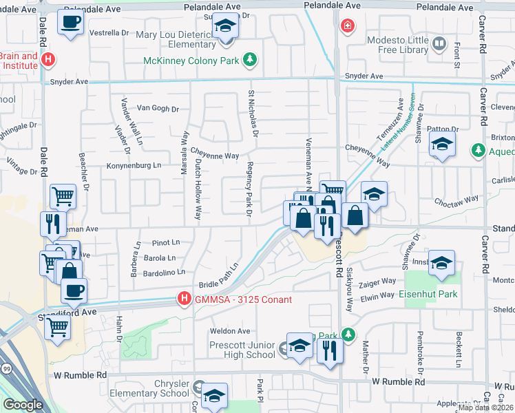 map of restaurants, bars, coffee shops, grocery stores, and more near 3525 Blackstone Way in Modesto