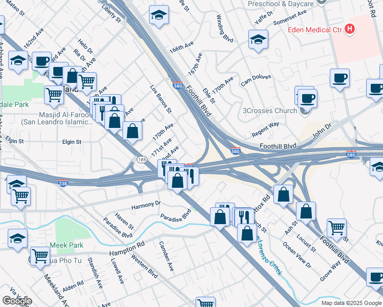 map of restaurants, bars, coffee shops, grocery stores, and more near 17356 Esteban Street in Hayward