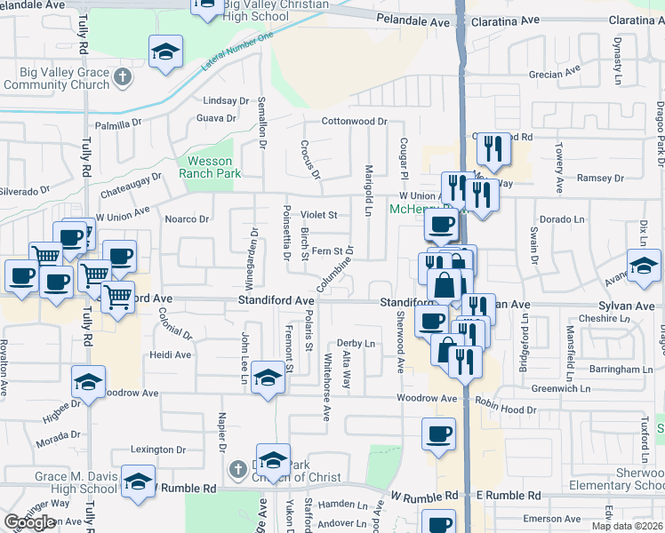 map of restaurants, bars, coffee shops, grocery stores, and more near 3613 Columbine Drive in Modesto