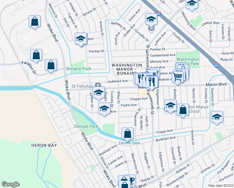 map of restaurants, bars, coffee shops, grocery stores, and more near 1392 Advent Avenue in San Leandro