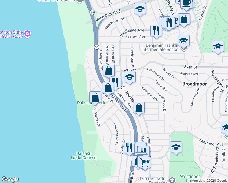 map of restaurants, bars, coffee shops, grocery stores, and more near 1212 South Mayfair Avenue in Daly City