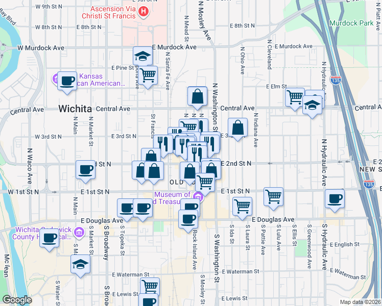 map of restaurants, bars, coffee shops, grocery stores, and more near in Wichita