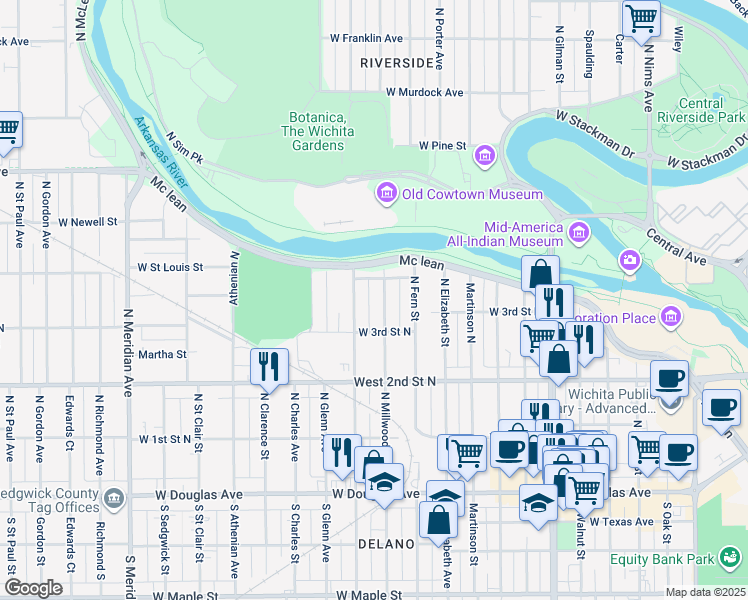 map of restaurants, bars, coffee shops, grocery stores, and more near 433 Millwood North in Wichita