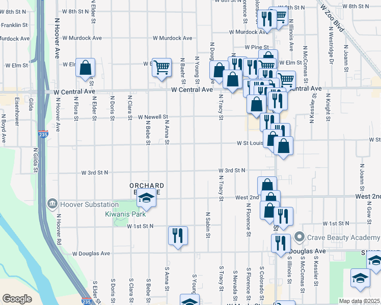 map of restaurants, bars, coffee shops, grocery stores, and more near 439 North Young Street in Wichita