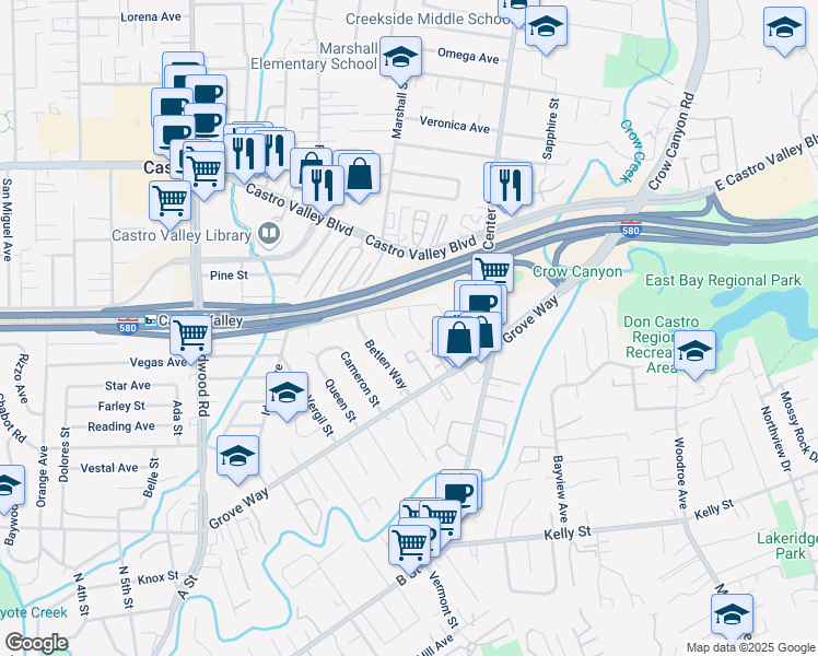 map of restaurants, bars, coffee shops, grocery stores, and more near 21907 Vernetti Way in Castro Valley