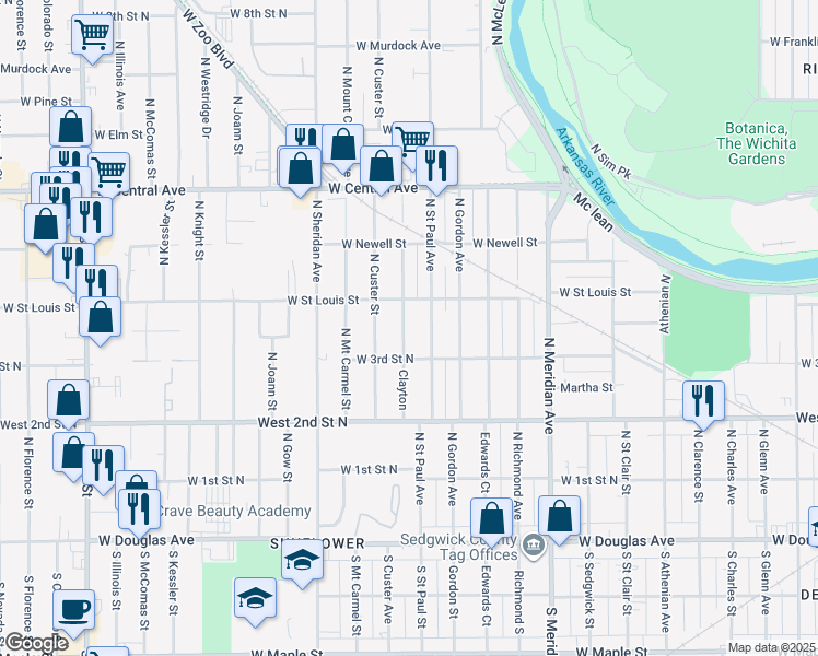 map of restaurants, bars, coffee shops, grocery stores, and more near 432 North Clayton Street in Wichita