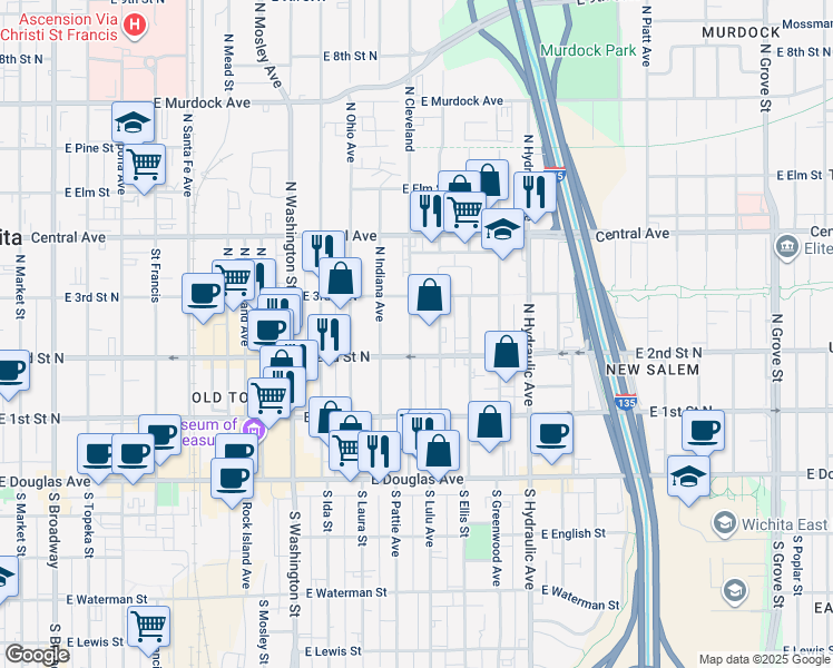 map of restaurants, bars, coffee shops, grocery stores, and more near 318 North Cleveland in Wichita