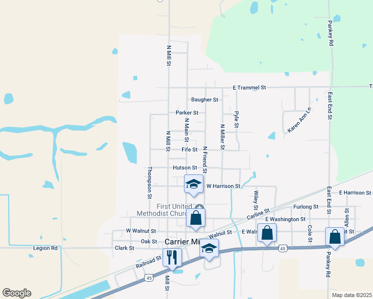 map of restaurants, bars, coffee shops, grocery stores, and more near 301 Fife Street in Carrier Mills