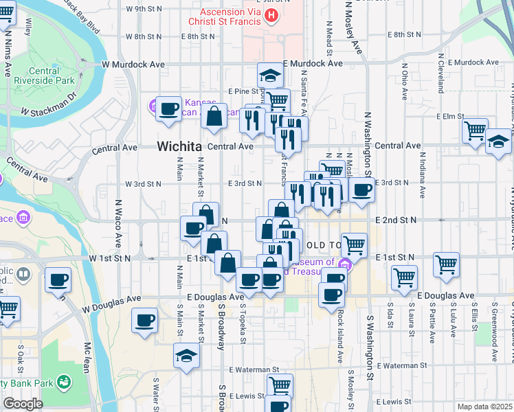 map of restaurants, bars, coffee shops, grocery stores, and more near 323 South Emporia Street in Wichita