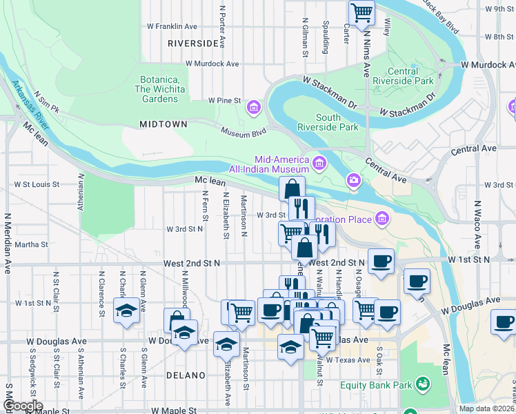 map of restaurants, bars, coffee shops, grocery stores, and more near 509 North Exposition Street in Wichita