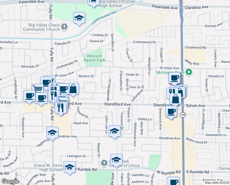 map of restaurants, bars, coffee shops, grocery stores, and more near 3528 Portabello Drive in Modesto