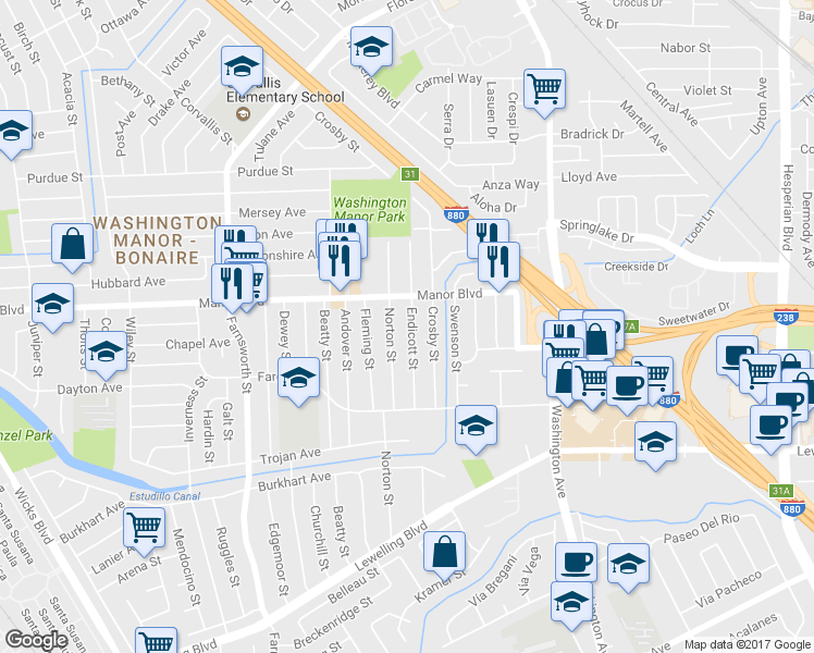map of restaurants, bars, coffee shops, grocery stores, and more near 15045 Endicott Street in San Leandro