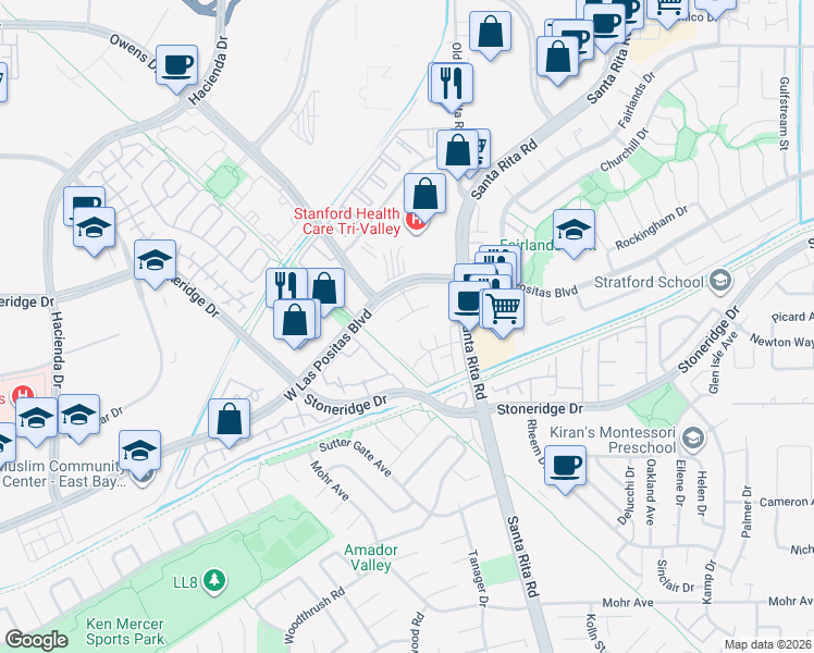 map of restaurants, bars, coffee shops, grocery stores, and more near 3206 Pueblo Way in Pleasanton