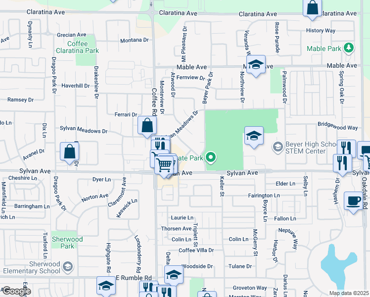 map of restaurants, bars, coffee shops, grocery stores, and more near 3607 Forest Glenn Drive in Modesto