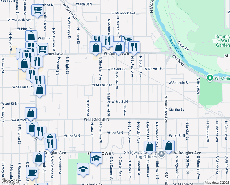 map of restaurants, bars, coffee shops, grocery stores, and more near 425 North Custer Street in Wichita