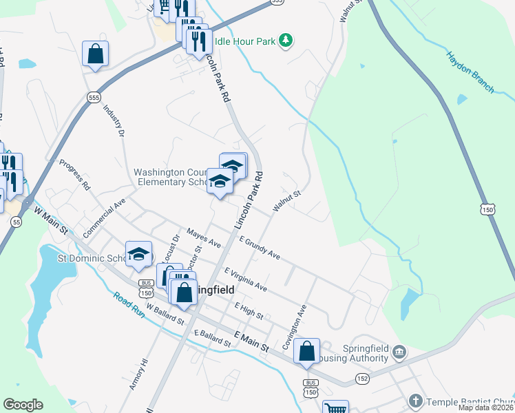 map of restaurants, bars, coffee shops, grocery stores, and more near 105 Derringer Court in Springfield