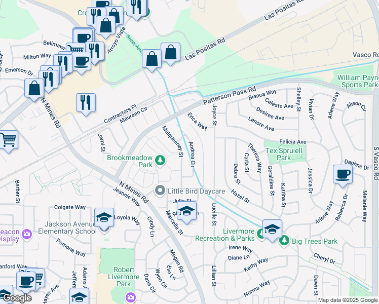 map of restaurants, bars, coffee shops, grocery stores, and more near 473 Andrea Circle in Livermore