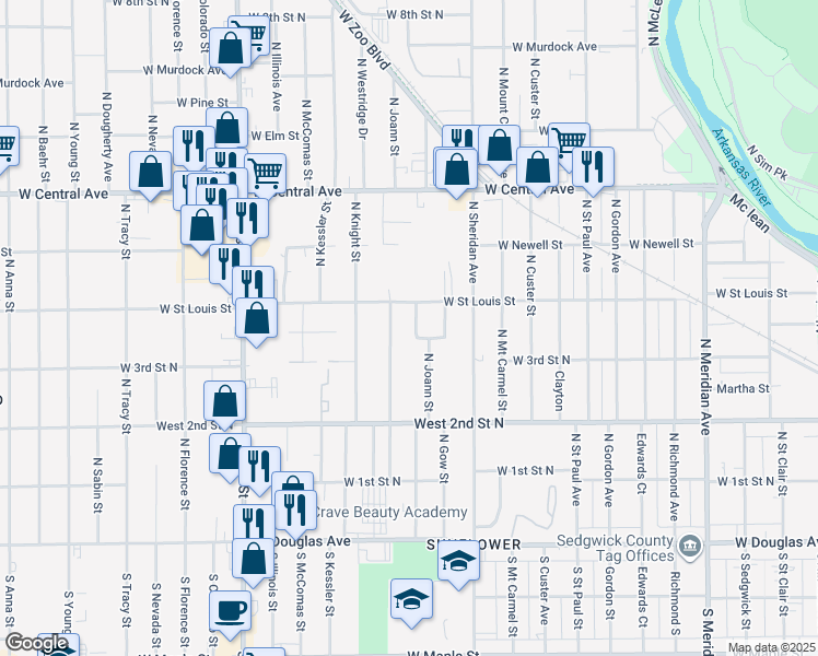map of restaurants, bars, coffee shops, grocery stores, and more near 421 Joann North in Wichita