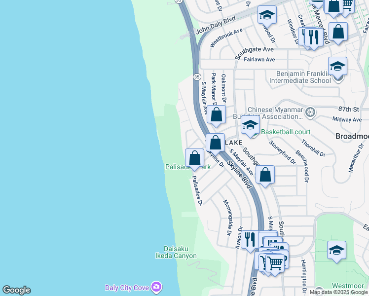 map of restaurants, bars, coffee shops, grocery stores, and more near 74 Palisades Drive in Daly City