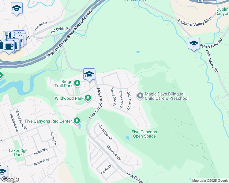 map of restaurants, bars, coffee shops, grocery stores, and more near 25110 Valley Oak Drive in Castro Valley