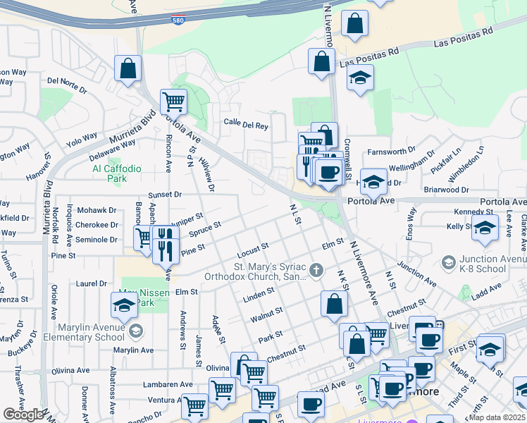 map of restaurants, bars, coffee shops, grocery stores, and more near 1877 Spruce Street in Livermore