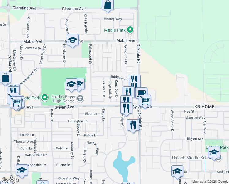 map of restaurants, bars, coffee shops, grocery stores, and more near 3605 Kona Oak Drive in Modesto