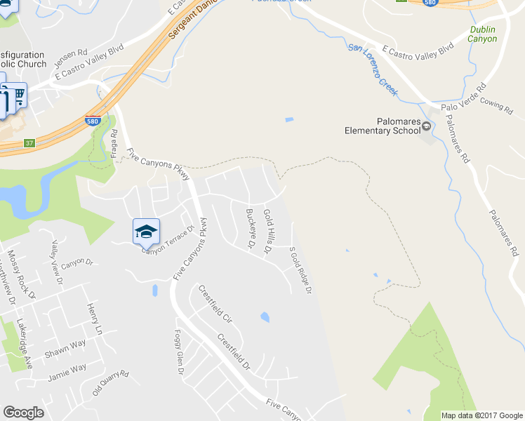 map of restaurants, bars, coffee shops, grocery stores, and more near 25259 Gold Hills Drive in Castro Valley