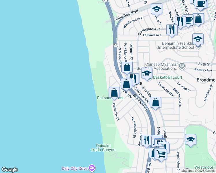 map of restaurants, bars, coffee shops, grocery stores, and more near 74 Palisades Drive in Daly City