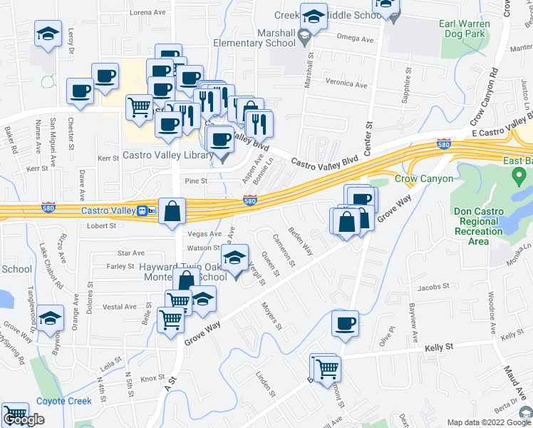 map of restaurants, bars, coffee shops, grocery stores, and more near 2971 Greenview Drive in Castro Valley