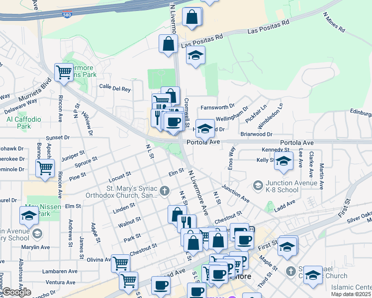 map of restaurants, bars, coffee shops, grocery stores, and more near 868 North Livermore Avenue in Livermore