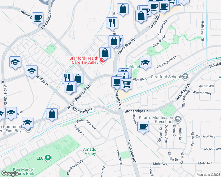 map of restaurants, bars, coffee shops, grocery stores, and more near 3154 Pawnee Way in Pleasanton