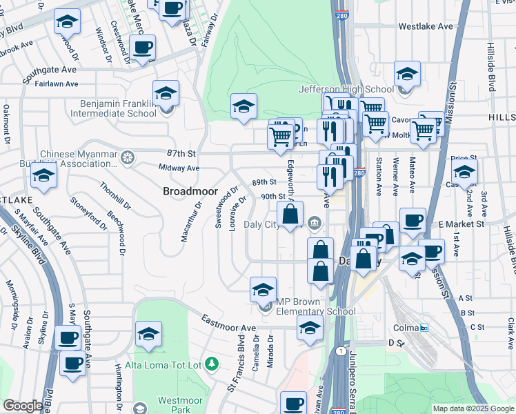 map of restaurants, bars, coffee shops, grocery stores, and more near 832 Washington Street in Daly City